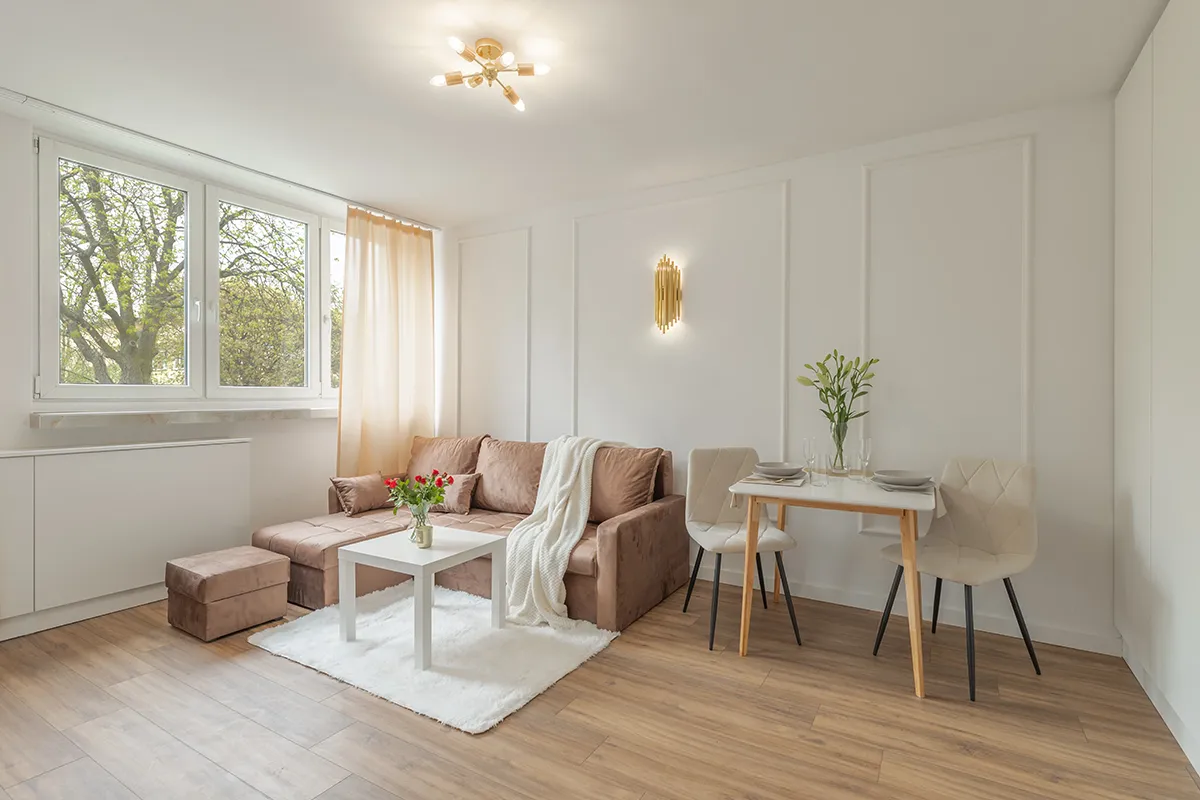 Home staging salon z widokiem na drzewa Łódź Teofilów - zdjęcia wnętrz