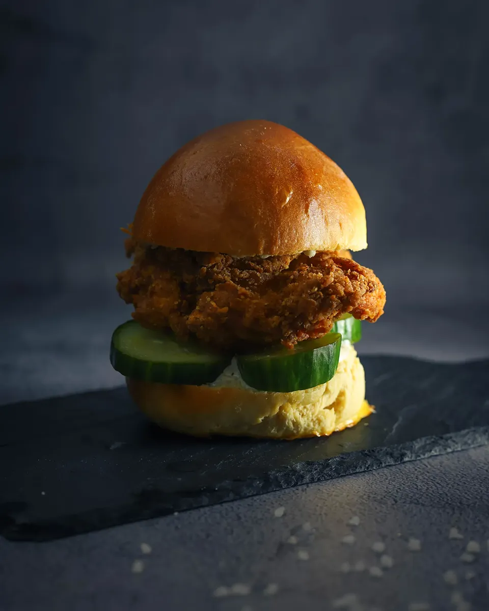 Burger ze smażonym kurczakiem na domowym ogórku ze świeżo wypiekaną bułką - zdjęcia dla małej gastronomii